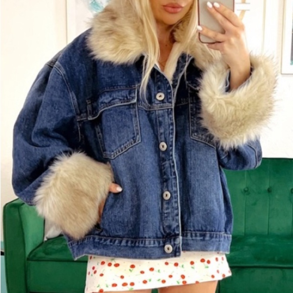 Oversized Denim Faux Fur Collar Jacket